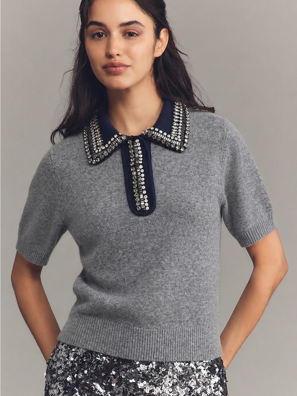 N°21 Crystal Embellished Wool Polo Sweater Grey Navy Size 48/M-L